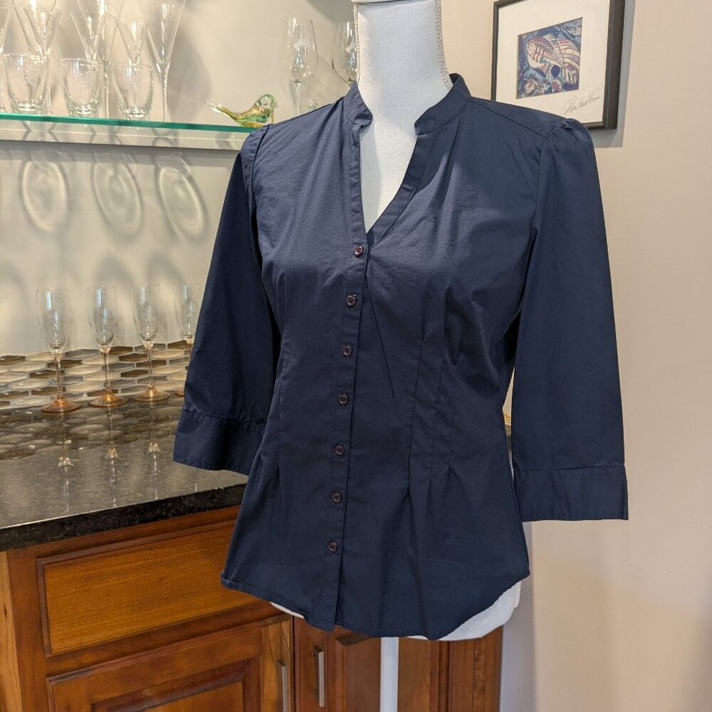 A.N.A. Navy Blue Classic Collarless 3/4 Length Button Down Fitted Blouse